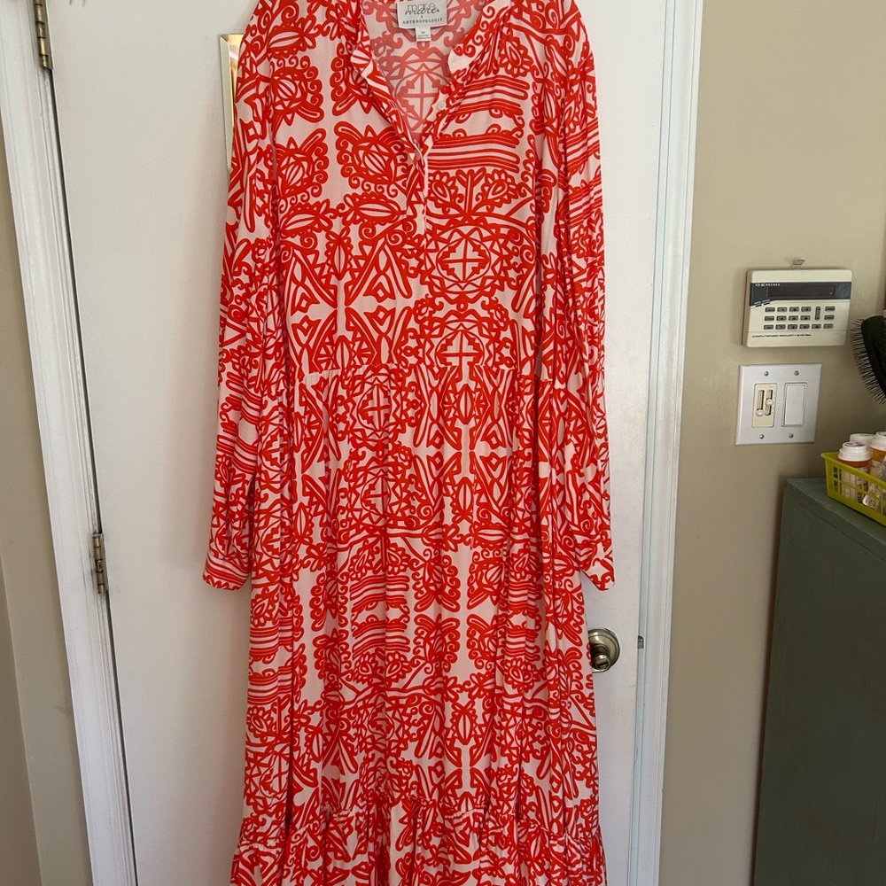 Anthropologie Orange and Cream Long Sleeve Dress